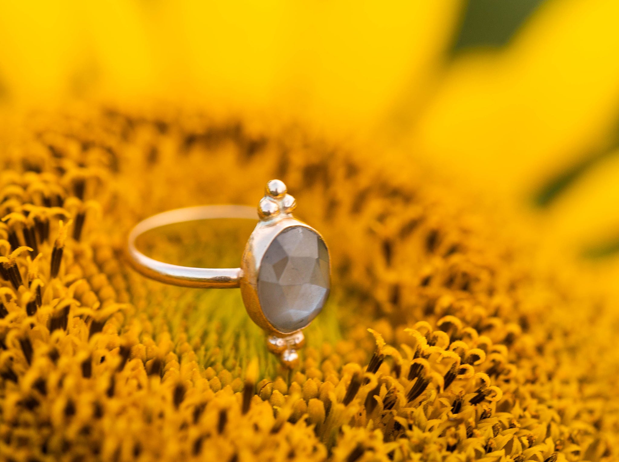 Bali Style Grey Moonstone + Gold Ring