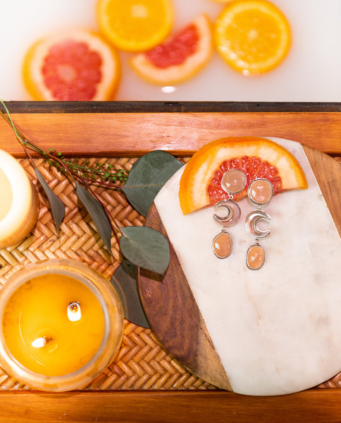 Peach Moonstone + Mother of Pearl Dangle Earrings