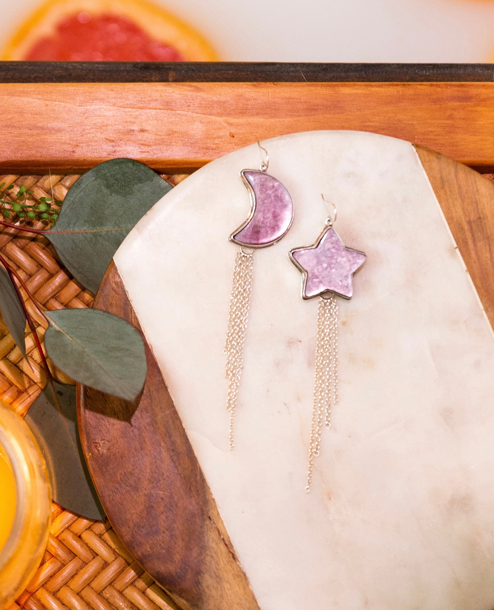 Lepidolite Star + Moon Earrings