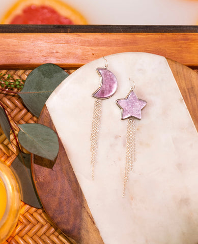 Lepidolite Star + Moon Earrings