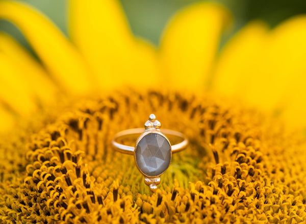 Bali Style Grey Moonstone + Gold Ring