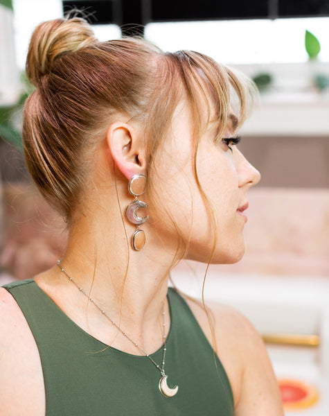 Peach Moonstone + Mother of Pearl Dangle Earrings