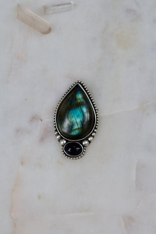 Adjustable Labradorite + Onyx Ring